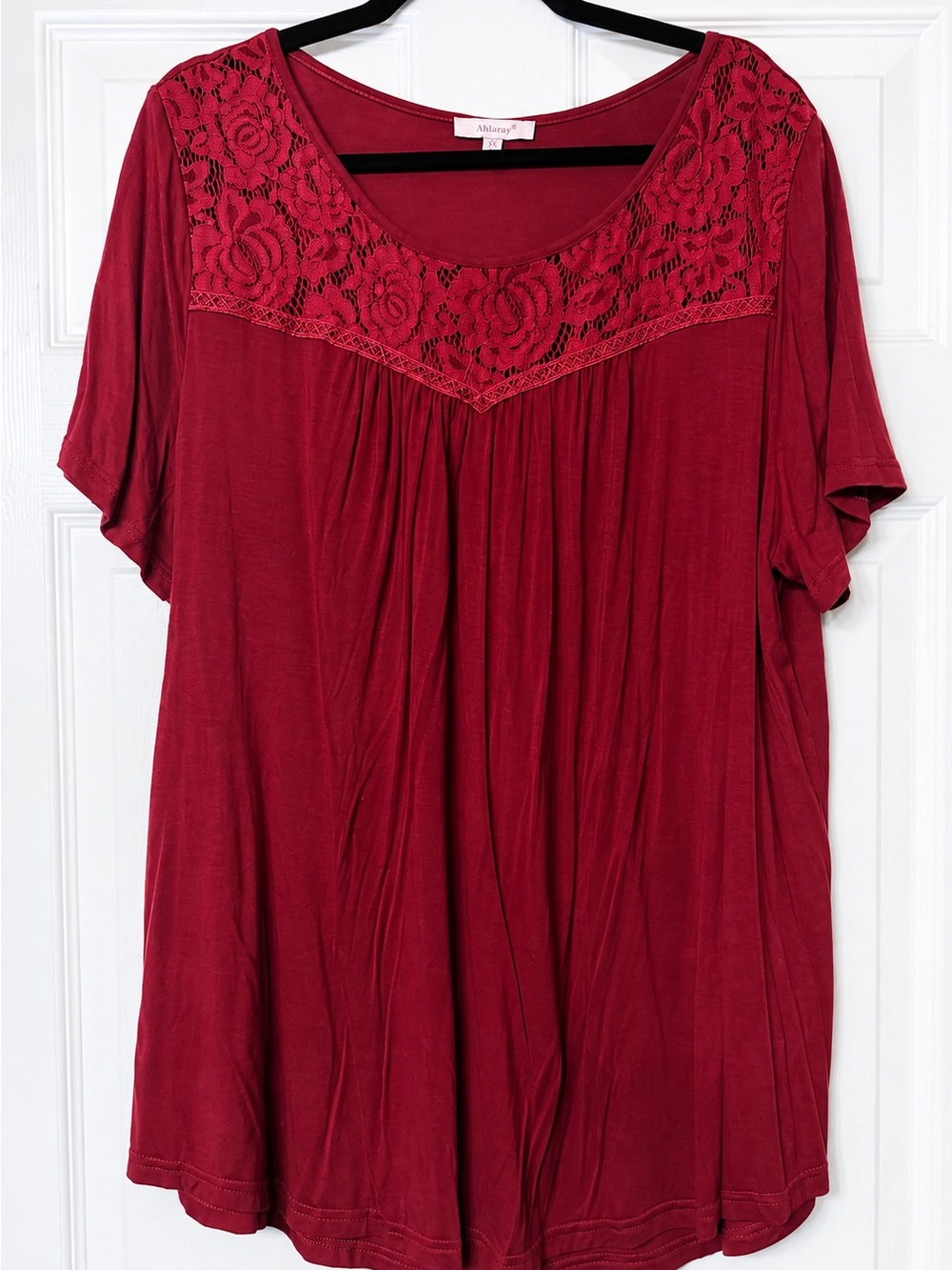 Ahlaray Women’s 3X Red Babydoll Tunic Top Floral Lace Yoke Short Sleeve